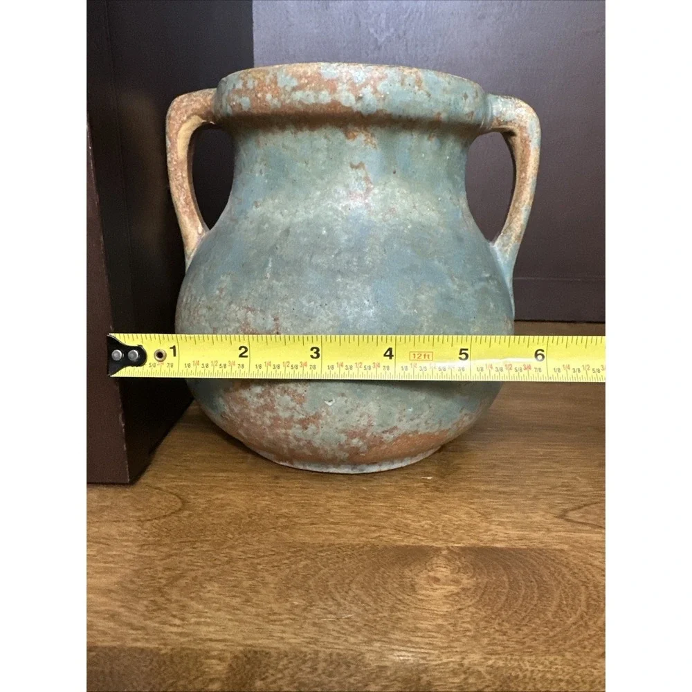 Burley Winter Pottery Vase Green Mottled Glaze Double Handle Antique 1930's #54